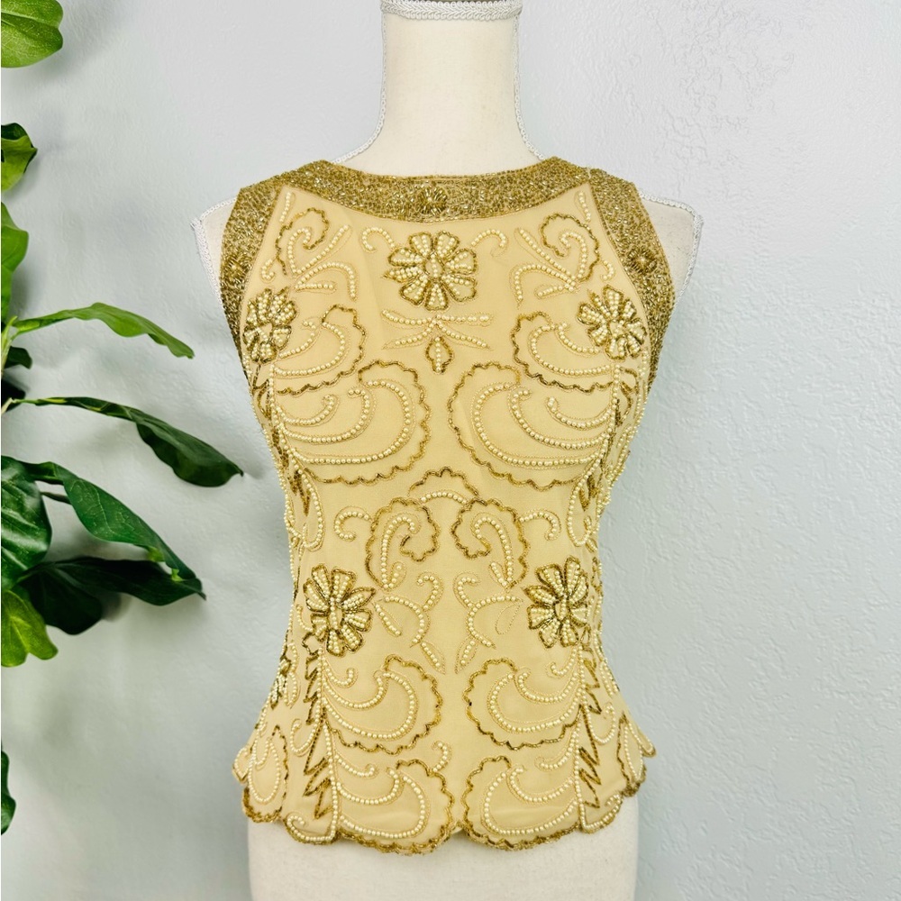 JKara Vintage Beaded Silk Cream Beige Blouse Top Large